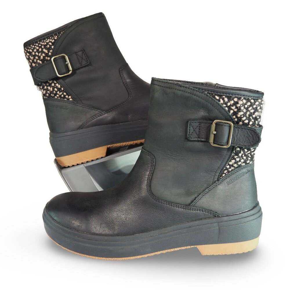 Merrell Black Leather Ankle Booties with Tan Accent